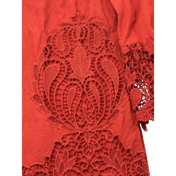 Chico's Rust Red Lace Embroidered Crochet Bell Sleeve Tunic Top Womans Size 0 - Picture 7 of 8